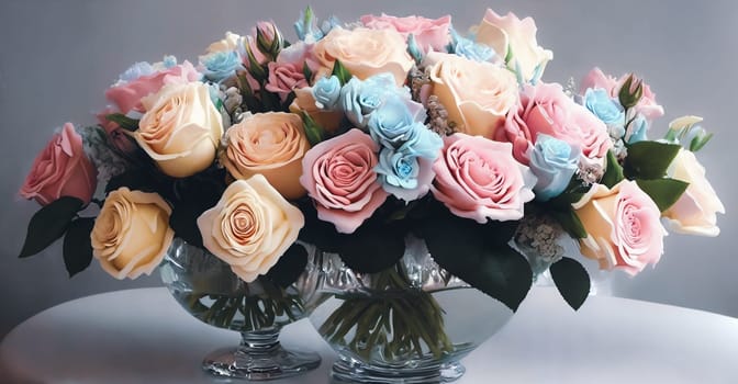 Romantic floral arrangement using soft pastel-colored roses. Dreamy effect and a touch of sophistication in composition. Panorama