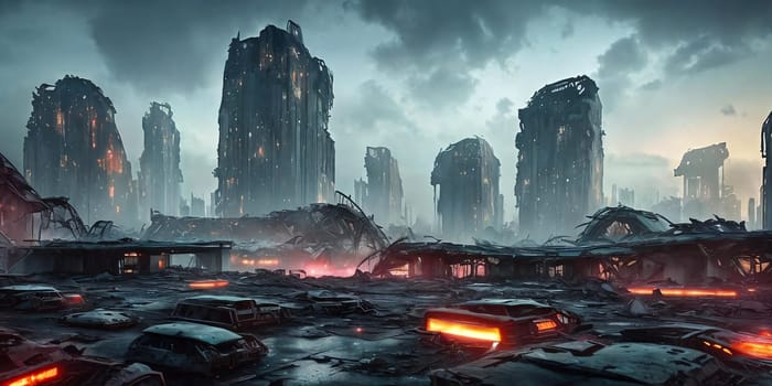 Ruins of a Futuristic Society. Futuristic buildings in ruins, featuring crumbling high-tech architecture, holographic signs flickering, and remnants of advanced technology scattered around.