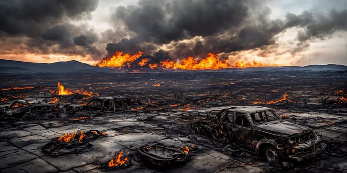 Devastated Landscapes. Disaster with scorched earth, smoldering wreckage, and a bleak atmosphere that conveys the destruction that occurred.