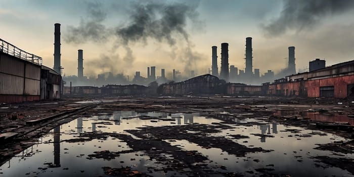 Industrial Decay. Industrial area in decay, with abandoned factories, rusty machinery, and a polluted skyline creating a haunting scene of industrial collapse.