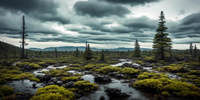 Post-nuclear Wilderness. Landscape transformed by nuclear fallout, featuring mutated flora, eerie rock formations, and a toxic sky tinged with ominous hues.