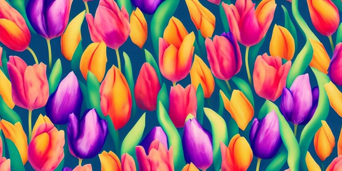 Vibrant spring-themed background featuring a variety of colorful tulips arranged in a visually appealing pattern. Panorama