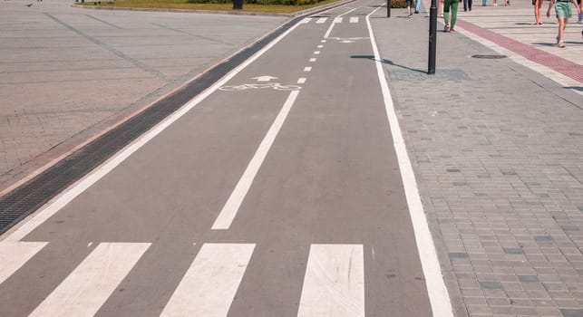 A sign of a bicycle path and pedestrian crossing on the asphalt in a city park, close-up.