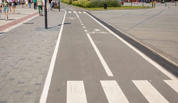 A sign of a bicycle path and pedestrian crossing on the asphalt in a city park, close-up.