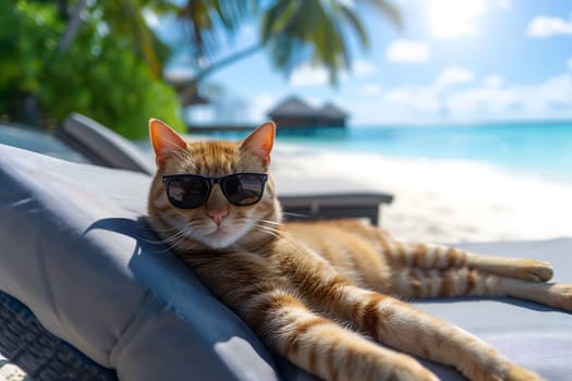 tabby cat with sunglasses laid on tropical beach, vacation theme. Neural network generated image. Not based on any actual person or scene.