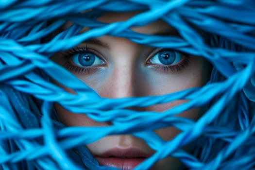 female face tangled up in blue. Neural network generated image. Not based on any actual scene or pattern.