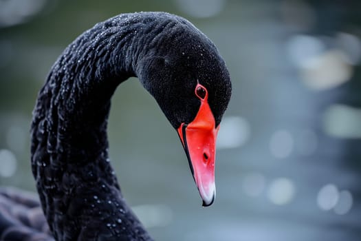 Black swan on water surface, close up. Neural network generated image. Not based on any actual scene or pattern.