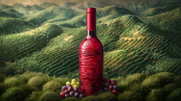 A red wine bottle in front of a landscape of grape farmland. Neural network generated image. Not based on any actual scene or pattern.