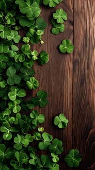 brown wooden planks board with clover - background for St. Patricks day. Neural network generated image. Not based on any actual scene or pattern.