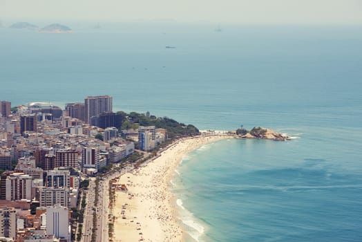 Drone, water and beach for travel, summer and freedom, location and adventure in nature. Aerial view, ocean or Rio de Janeiro landscape, island or tropical paradise, relax or stress relief in Brazil.