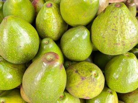 bunch of green avocados at the local market. healthy fresh fruit for salad or juice