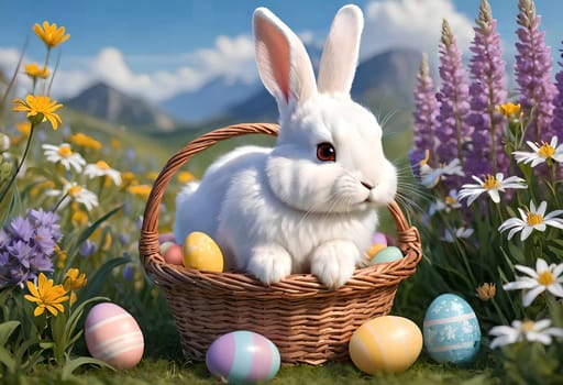 White bunny with Easter eggs in nature. AI generated image.