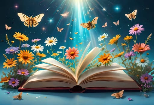 open book with a bouquet of wildflowers in a magical style on a blue background. AI generated image.