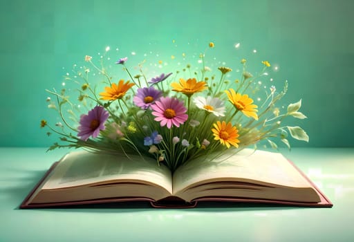 open book with a bouquet of wildflowers in a magical style on a green background. AI generated image.