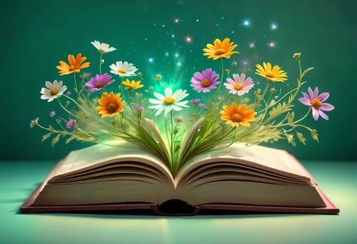 open book with a bouquet of wildflowers in a magical style on a green background. AI generated image.