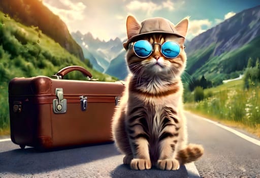 A beautiful young cat with suitcases stands on the road, the cat is a traveler. AI generated image.