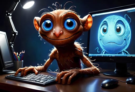 animated portrait of a webmaster sitting near a computer monitor with big round eyes. AI generated image.