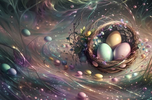 Easter card with painted colored eggs. Abstract background. AI generated image.
