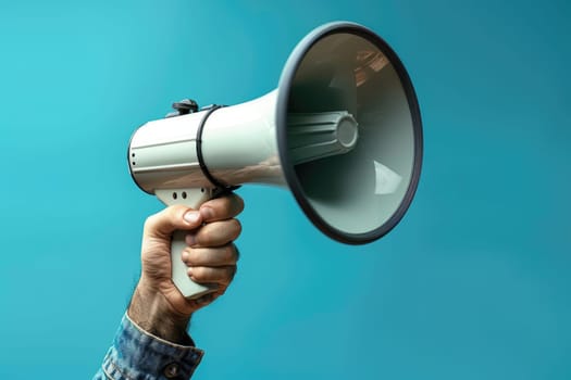 Hand of man holding megaphone, blue background. ai generated