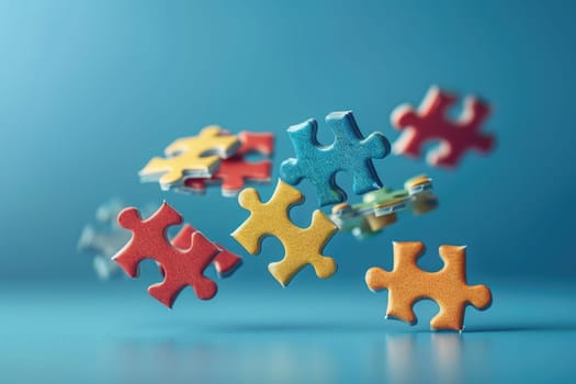 Pieces of a colorful puzzle. Leadership, business game competition, cooperation, difference, teamwork, partnership and motivation concepts. ai generated