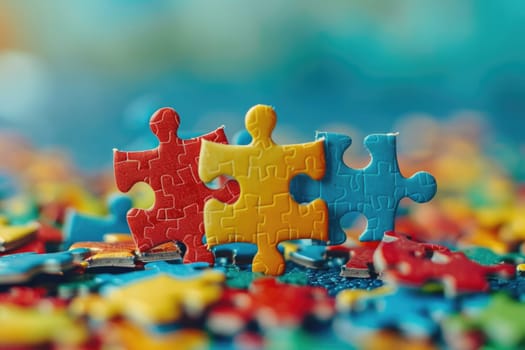 Pieces of a colorful puzzle. Leadership, business game competition, cooperation, difference, teamwork, partnership and motivation concepts. ai generated