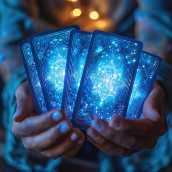 blue metaphorical psychological asocial cards in hands. ai generated