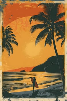 A surfer is standing on the beach at dusk, holding a surfboard, with the sky painted in shades of orange afterglow. Nearby are water, plants, trees, and the serene beauty of nature