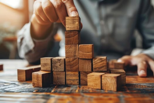 business man try to build wood block on wooden table and blur background business organization startup concept. ai generated
