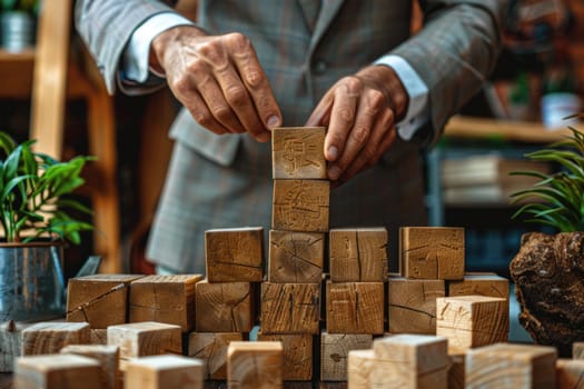 business man try to build wood block on wooden table and blur background business organization startup concept. ai generated