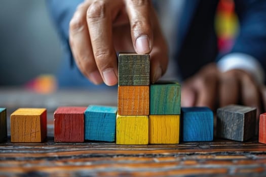business man try to build wood block on wooden table and blur background business organization startup concept. ai generated
