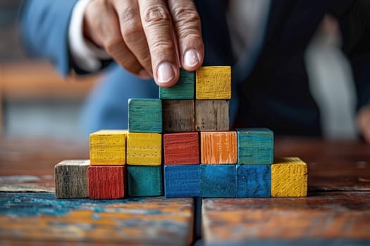 business man try to build wood block on wooden table and blur background business organization startup concept. ai generated