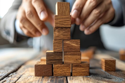 business man try to build wood block on wooden table and blur background business organization startup concept. ai generated