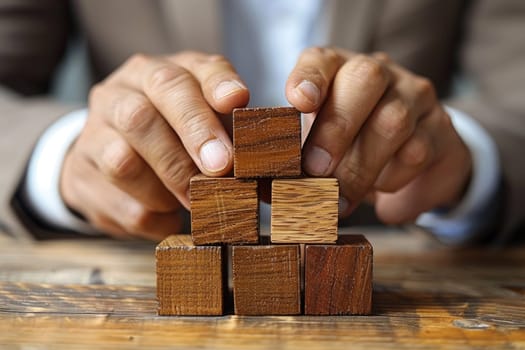 business man try to build wood block on wooden table and blur background business organization startup concept. ai generated