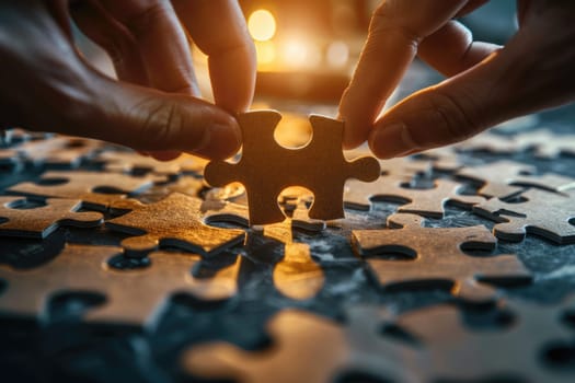 business man closeup Hands join puzzle pieces, putting the jigsaws team together, business concept. ai generated