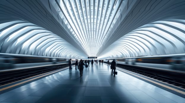 urban transportation inside the train station, people travel to work in city. Resplendent.