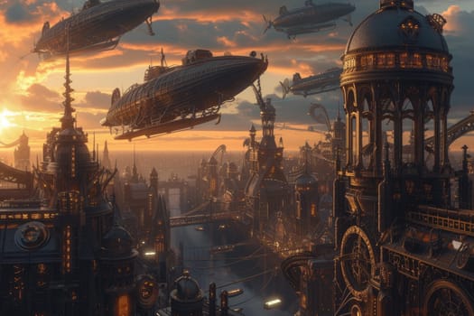 Fantasy steampunk airships float amongst clouds against a dramatic sunset backdrop, evoking adventure and exploration. Resplendent.