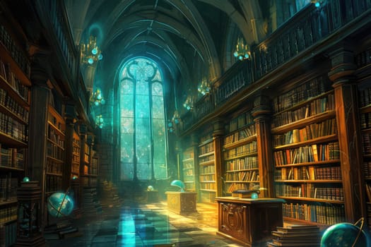 An ancient library filled with magical books, glowing orbs, and mystical artifacts. Shelves reach up to a high, vaulted ceiling, with soft light filtering through stained glass windows. Resplendent.