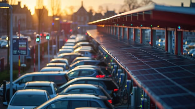 An aerial view of a car charging station in a parking lot, combining urban design, landscape, and sustainable transportation AIG41