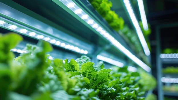 A close-up of indoor vertical farm growing in a greenhouse under artificial lights, mimicking the natural environment for terrestrial plants. AIG41