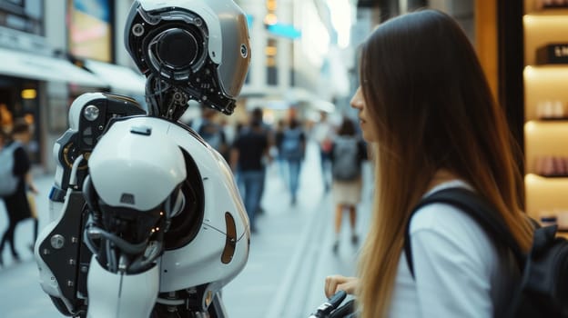 A woman and a robot are sitting at a table, sharing a leisurely conversation, while having fun at an art event. AIG41