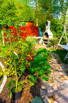 Green Garden with trees plants hut compost beds lawn and barbecue area in Leherheide Bremerhaven Bremen Germany.