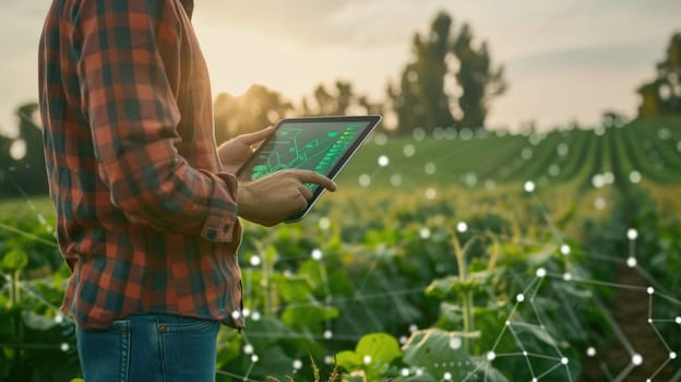 An agricultural technician uses a tablet with advanced software to analyze crop health in a sunlit agricultural field. AIG41