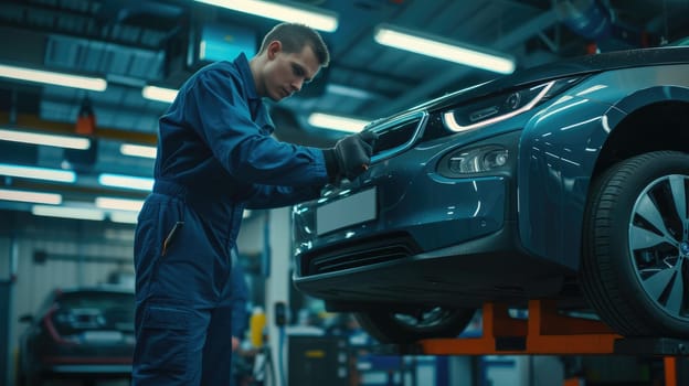 A mechanic fixing a car in an automotive factory AIG41