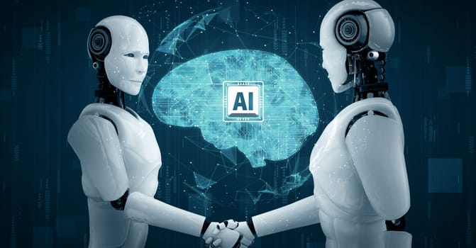 XAI 3d illustration hominoid robot handshake to collaborate future technology development by AI thinking brain, artificial intelligence and machine learning process for 4th industrial revolution.