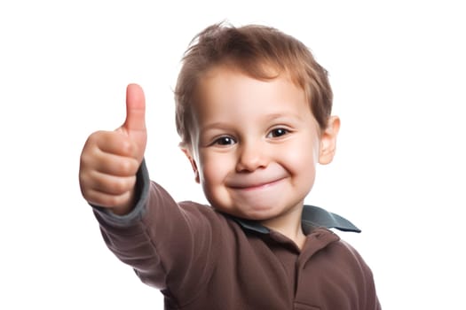 Smiling toddler giving thumbs up. Studio child portrait with a white background. Positive expression and body language concept for design and print