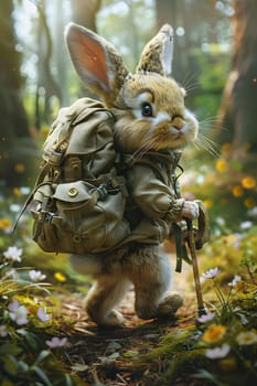 A hare with a backpack and cane is strolling through the forest, surrounded by grass and natural materials. Its whiskers twitch as it explores the terrestrial plants along the way