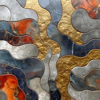close-up of a decorative wall piece featuring an abstract wavy pattern with a mix of metallic and multicolored stone textures - Generative AI