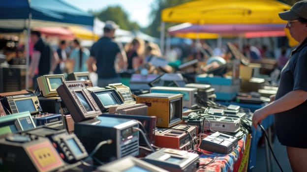 A diverse collection of vintage radios and TVs are displayed on a metal table in a room, sharing the history of engineering and science in the city's building and machine events. AIG41