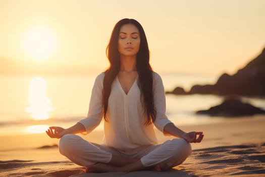 A serene woman practices yoga meditation at beach during sunset, embodying peace and harmony.