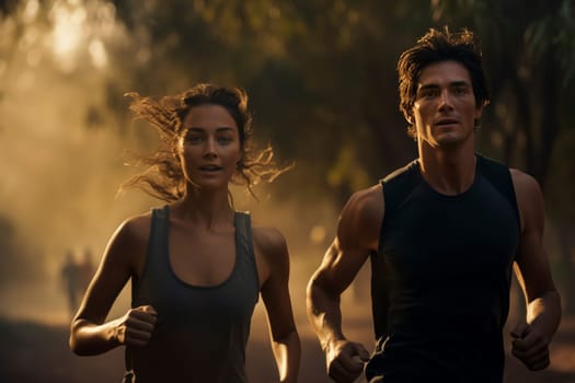 Man and woman jogging at sunset in urban environment. Healthy lifestyle and fitness concept. Outdoor exercise and running theme for design and editorial